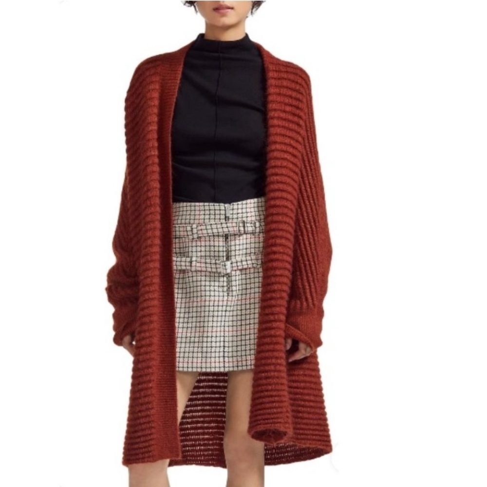 Maje Rust Open-Front Ribbed Knit Cardigan